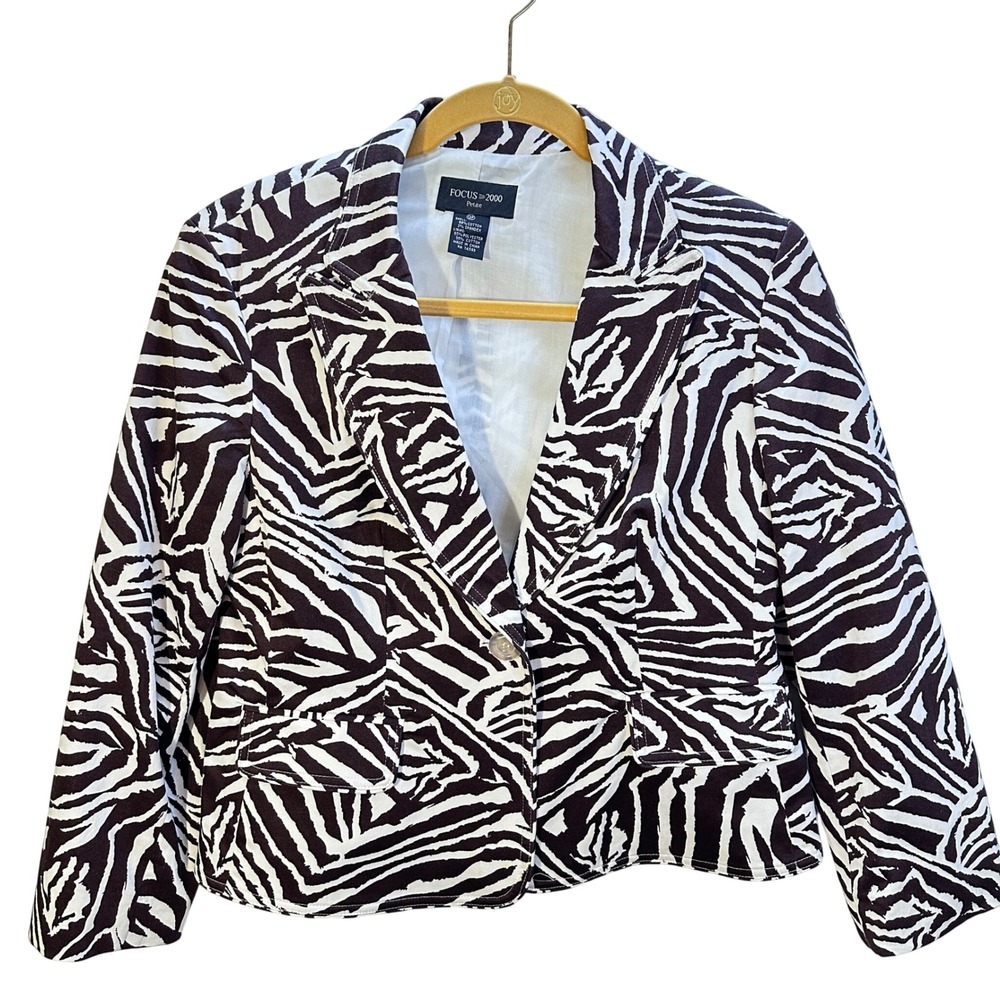 Vintage FOCUS 2000  Womens Blazer Brown White Zebra Print Size Petite‎ 12P